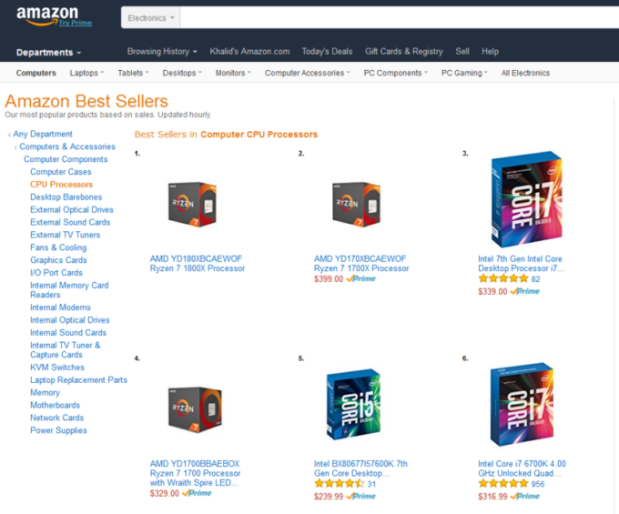 AMD Ryzen 7 1800X hits first place as best selling CPU on Amazon hours
