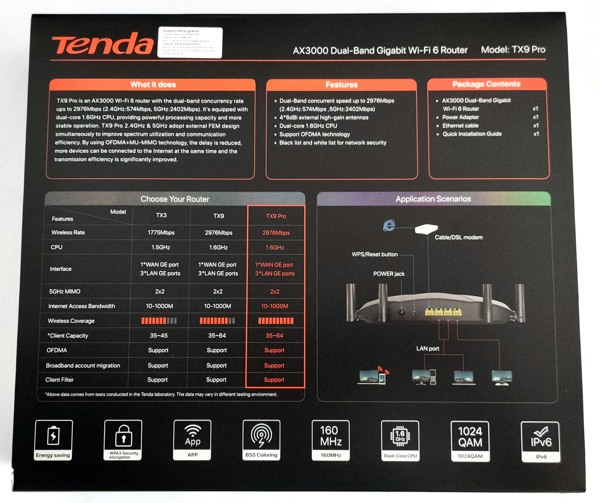 TENDA Routeur WiFi 6 AX3000 dual bande, processeur double cœur 1.6