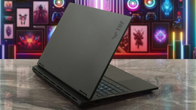 ASUS TUF Gaming F16 FX608 laptop, rear-left angle (open)