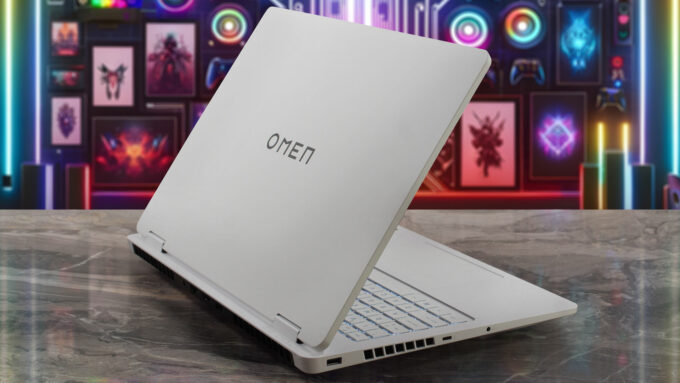 HP OMEN 16 (16-am0000) laptop, rear-left angle (open)