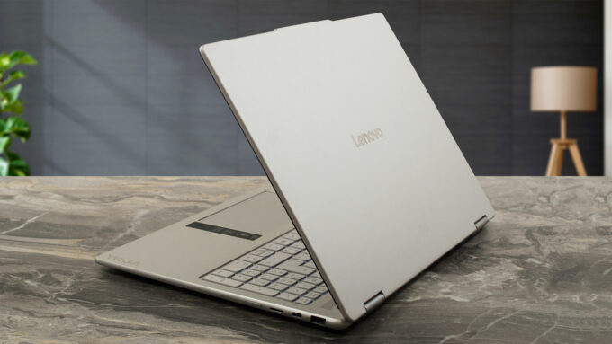 Lenovo Yoga 7a 2-in-1 (16", Gen 11) laptop, rear-right angle (open)