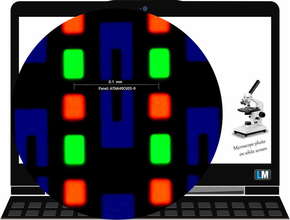 ASUS ROG Zephyrus G14 (GA403, Ryzen AI 300) display subpixel layout (microscope photo)