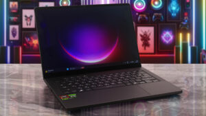 ASUS ROG Zephyrus G14 (GA403, Ryzen AI 300) laptop, front-left angle (open)