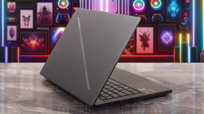 ASUS ROG Zephyrus G14 (GA403, Ryzen AI 300) laptop, rear-left angle (open)