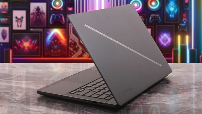 ASUS ROG Zephyrus G14 (GA403, Ryzen AI 300) laptop, rear-right angle (open)