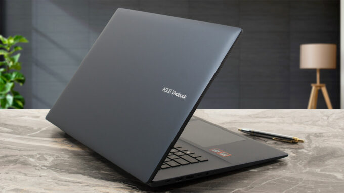 ASUS Vivobook 18 (M1807) laptop, rear-left angle (open)