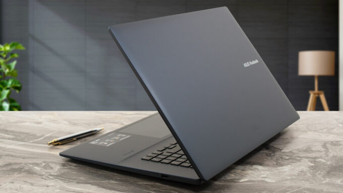 ASUS Vivobook 18 (M1807) laptop, rear-right angle (open)