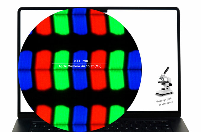 Apple MacBook Air 15.3″ (M5) display subpixel layout (microscope photo)