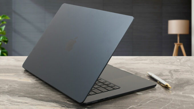Apple MacBook Air 15.3″ (M5) laptop, rear-left angle (open)