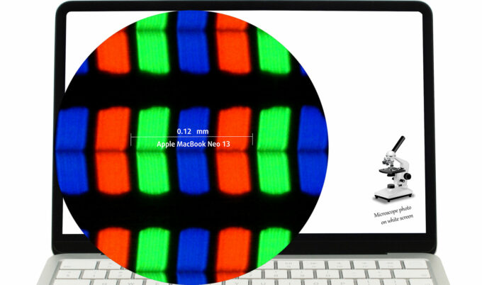 Apple MacBook Neo display subpixel layout (microscope photo)