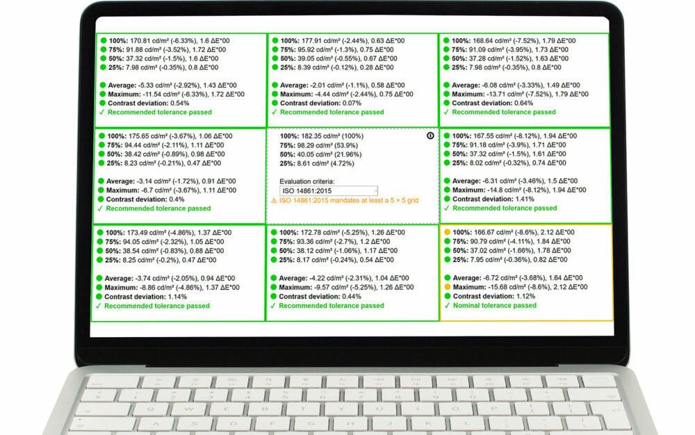 Apple MacBook Neo display uniformity and color deviation grid