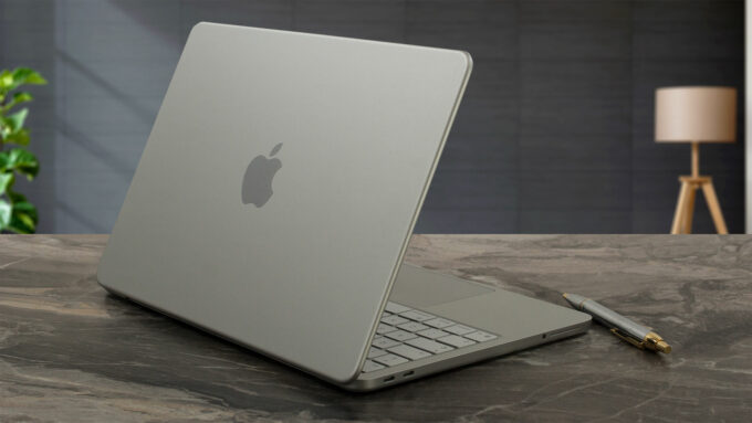 Apple MacBook Neo laptop, rear-left angle (open)