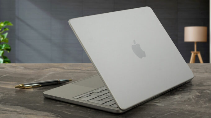 Apple MacBook Neo laptop, rear-right angle (open)