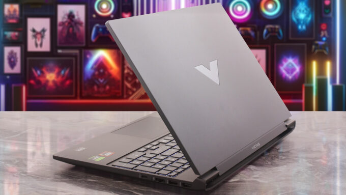 HP Victus Gaming 15 (15-fb3000) laptop, rear-right angle (open)