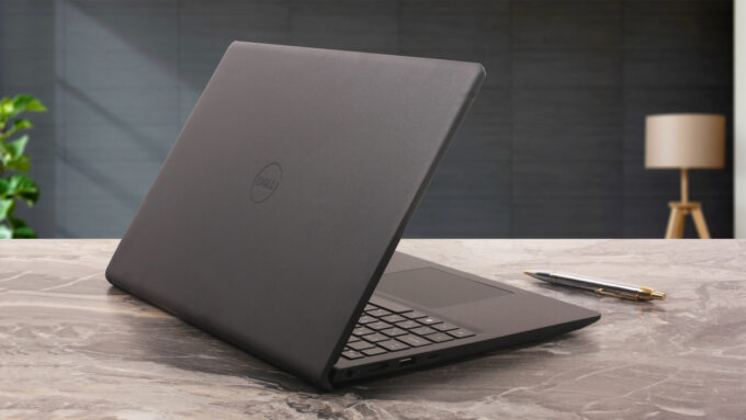 Dell 15 (DC15250) laptop, rear-left angle (open)