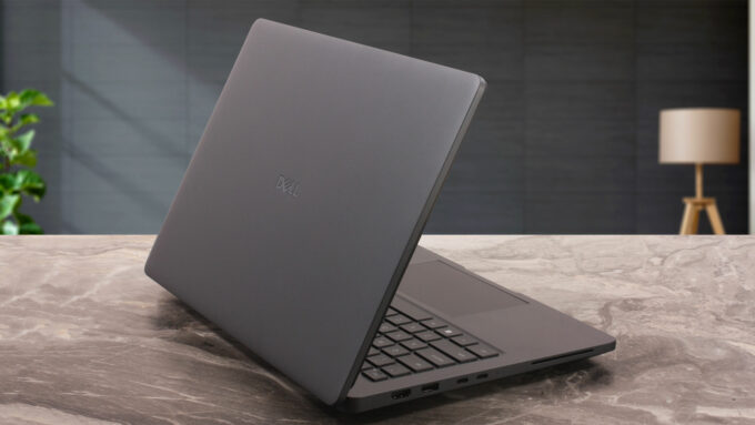 Dell Pro Max 14 (MC14250) laptop, rear-left angle (open)