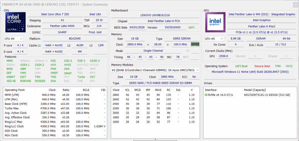 Lenovo LOQ 15 (15IPH11) HWiNFO system information