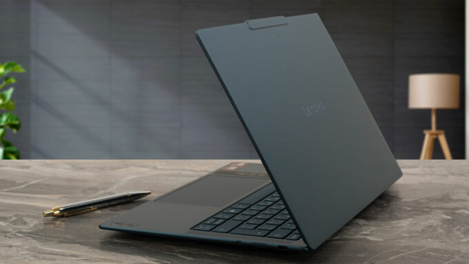 Lenovo Yoga Slim 7a (14", Gen 11) laptop, rear-right angle (open)