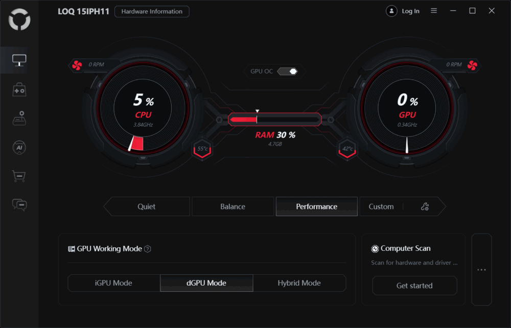 Lenovo LOQ 15 (15IPH11) LegionSpace performance settings