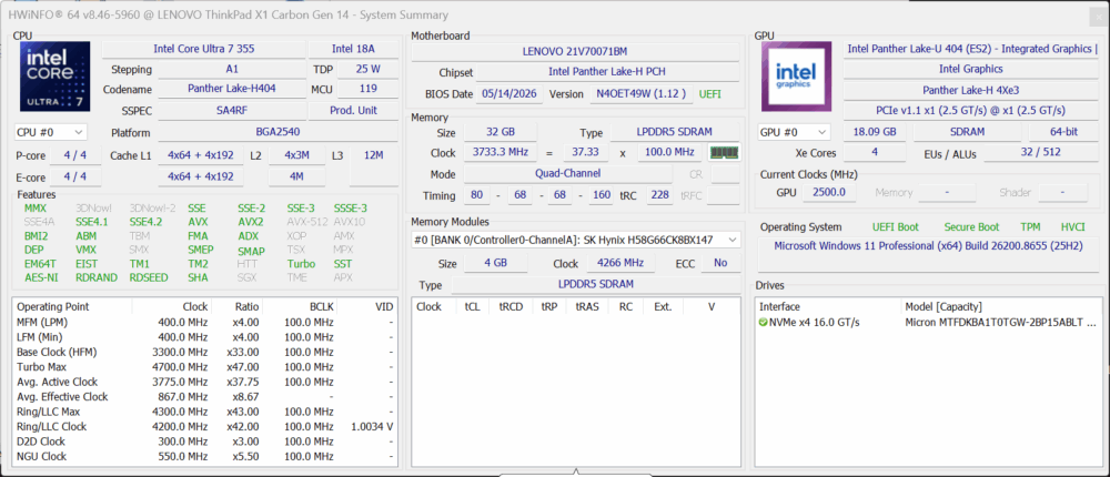 HWiNFO system information for the Lenovo ThinkPad X1 Carbon Gen 14 Aura Edition