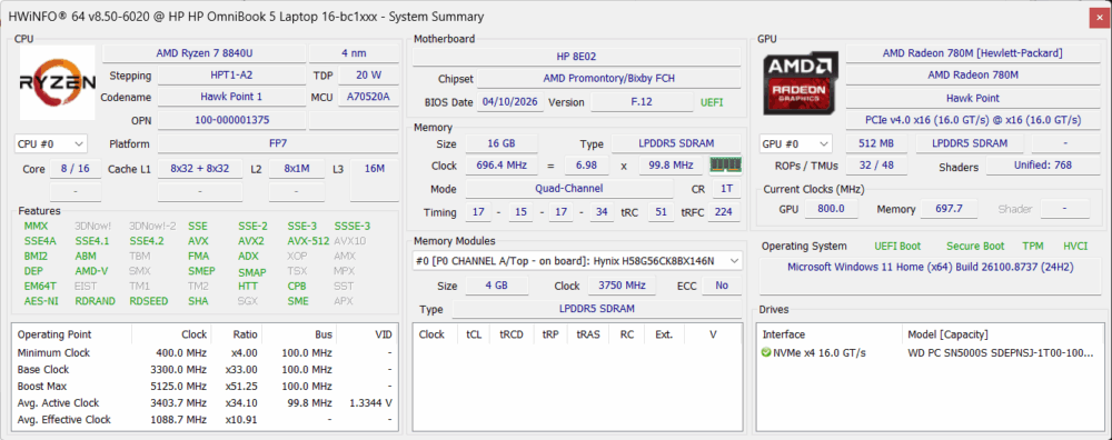 HP OmniBook 5 16 (16-bc1000) hardware configuration in HWiNFO