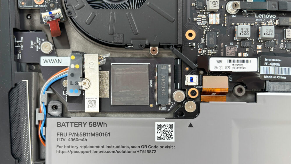 WWAN slot and antenna cables inside the Lenovo ThinkPad X1 Carbon Gen 14 Aura Edition