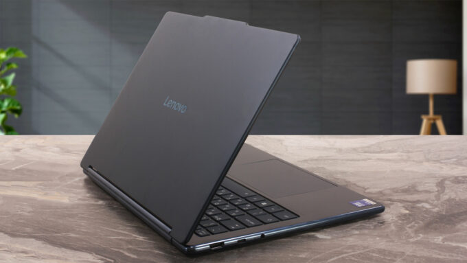 Lenovo Yoga 9i 2-in-1 Aura Edition laptop, rear-left angle (open)