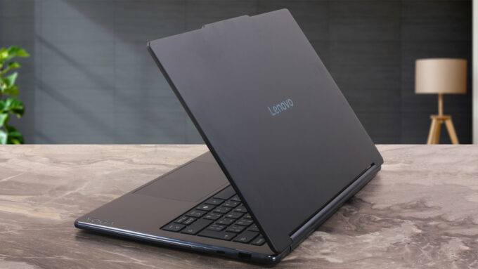 Lenovo Yoga 9i 2-in-1 Aura Edition laptop, rear-right angle (open)