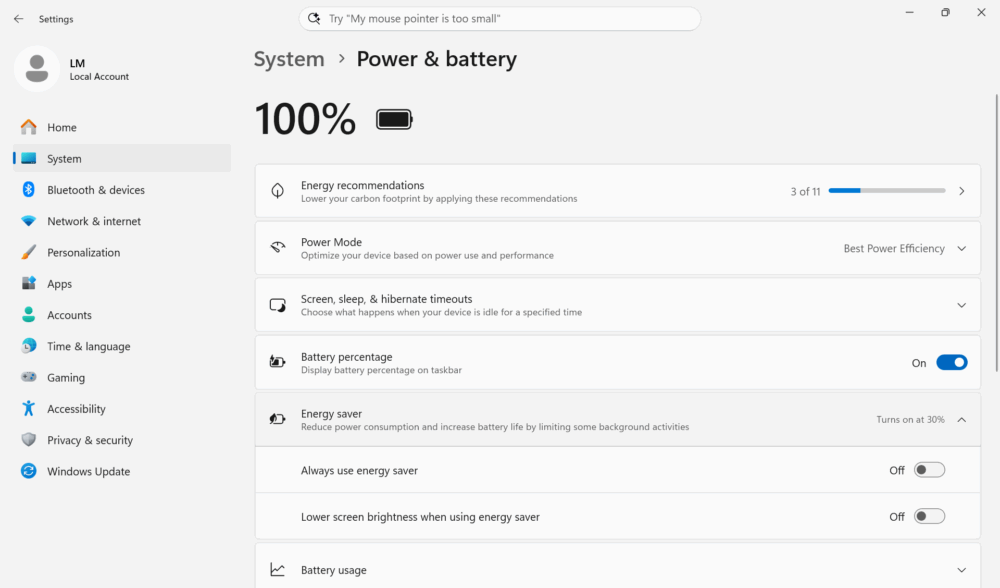 Windows and Lenovo Commercial Vantage power settings used during the battery test