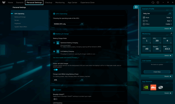 Acer Predator Helios Neo 16 (PHN16-I31) performance settings in PredatorSense