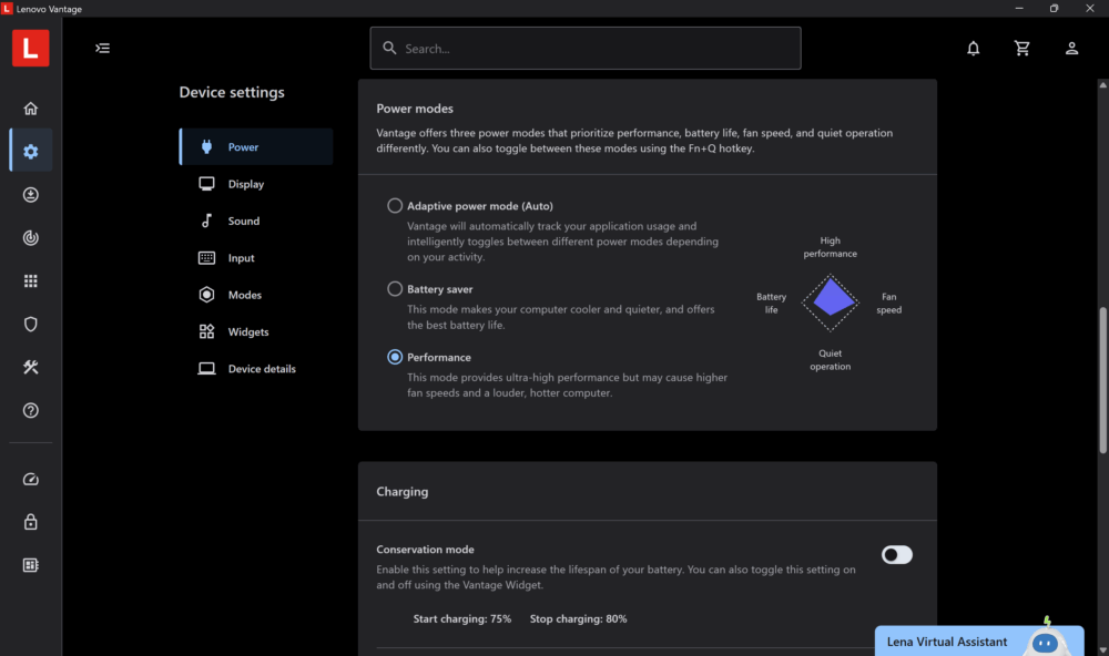 Lenovo IdeaPad Slim 5a Performance mode in Lenovo Vantage
