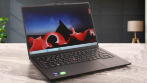 Lenovo ThinkPad X1 Carbon Gen 14 Aura Edition laptop, front-left angle (open)