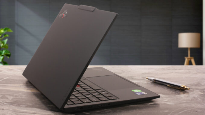 Lenovo ThinkPad X1 Carbon Gen 14 Aura Edition viewed from the rear-left side