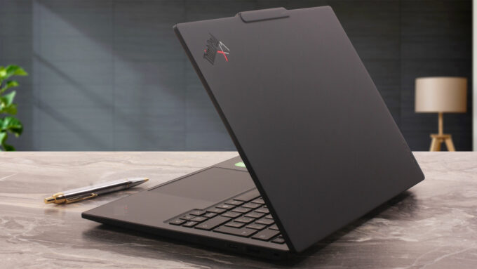 Lenovo ThinkPad X1 Carbon Gen 14 Aura Edition viewed from the rear-right side